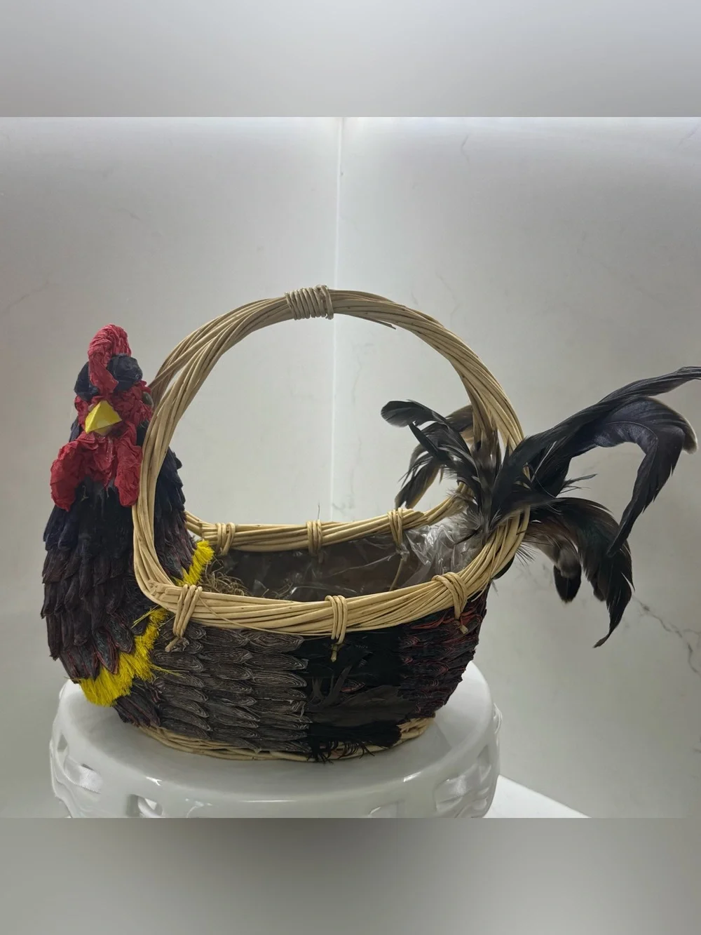 Vintage Handcrafted Rooster Wicker Basket Centerpiece Feather Country Farmhouse